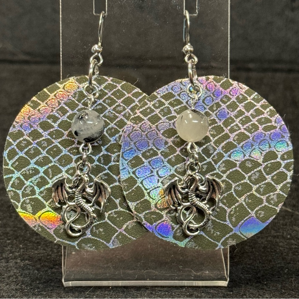 Handmade black & holographic snakeskin earrings with dragons